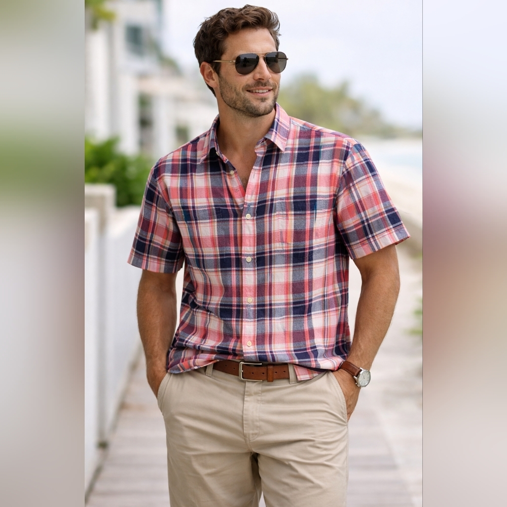 Croft & Barrow Linen Cotton Plaid Button Down Shirt Size XL Short Sleeve Casual